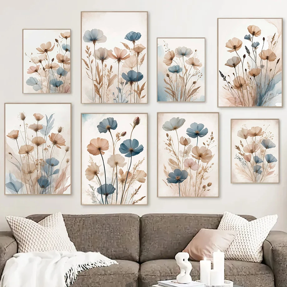 Resin Art With Flowers - Vintage Blue Beige Wild Flowers Minimal