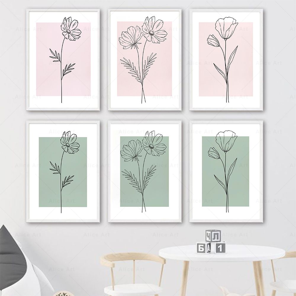 Resin Art With Flowers - Botanical Line Art Flowers Pink Green